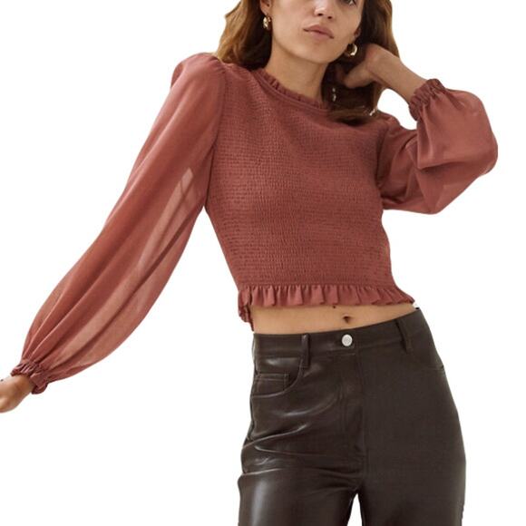 NWT WILFRED Top XL Red-Pink Chiffon Ruffle Smocked Puff-Sheer-Ballon-Long-Sleeve - Picture 1 of 13